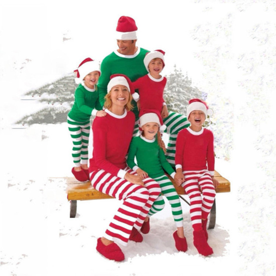 Cotton Christmas Family Matching Sleepwear Nightwear Pajamas Set Green Stripe For Women Size M, 1 Set の画像