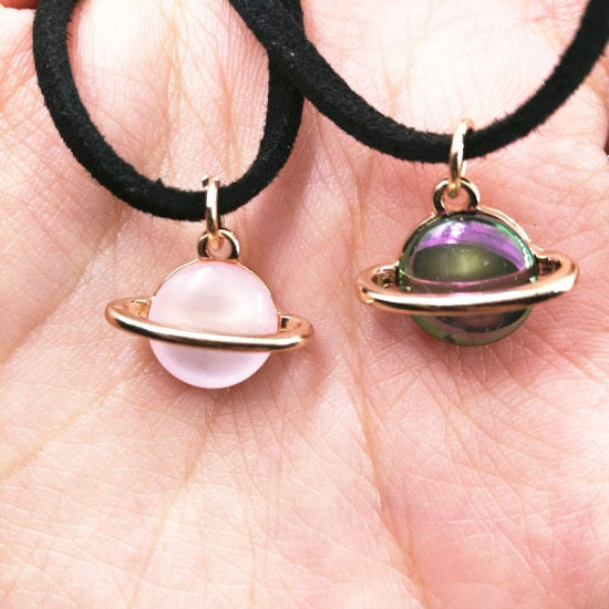 Velvet & Acrylic Choker Necklace Gold Plated Light Pink Planet Cat's Eye Imitation 34cm(13 3/8") long, 1 Piece の画像