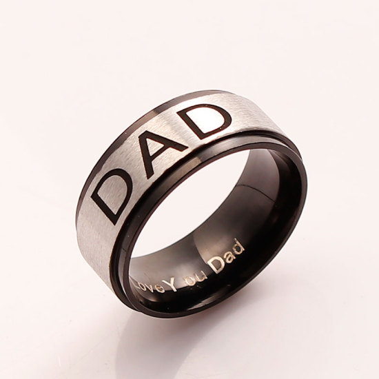 Bild von Edelstahl Uneinstellbar Ring Silberfarbe Schwarz Rund " Dad " 17.5mm（US Größe:7.25), 1 Stück