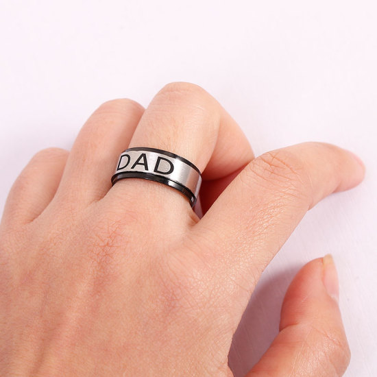 Imagen de Acero Inoxidable No Ajustable Anillos Tono de Plata Negro Ronda Dad 17.5mm (US size 7.25), 1 Unidad