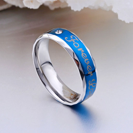 Picture of Titanium Steel Unadjustable Rings Silver Tone Blue Round " Forever Love " Clear Rhinestone 15.7mm(US Size 5), 1 Piece