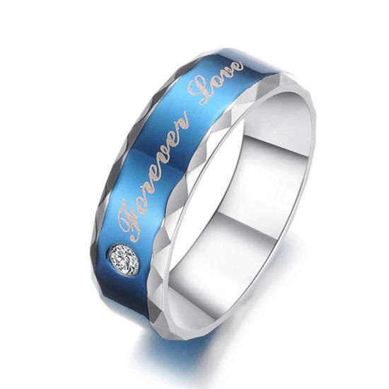 Bild von Titan Edelstahl Uneinstellbar Ring Silberfarbe Blau Rund " Forever Love " Transparent Strass 17.5mm（US Größe:7.25), 1 Stück