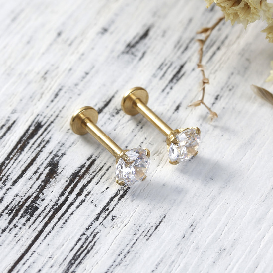 Image de Boucles d'Oreilles Puces en Acier Inoxydable Doré Rond à Strass Transparent 11mm x 3mm , Epaisseur de Fil: 1.4mm, 1 Pièce