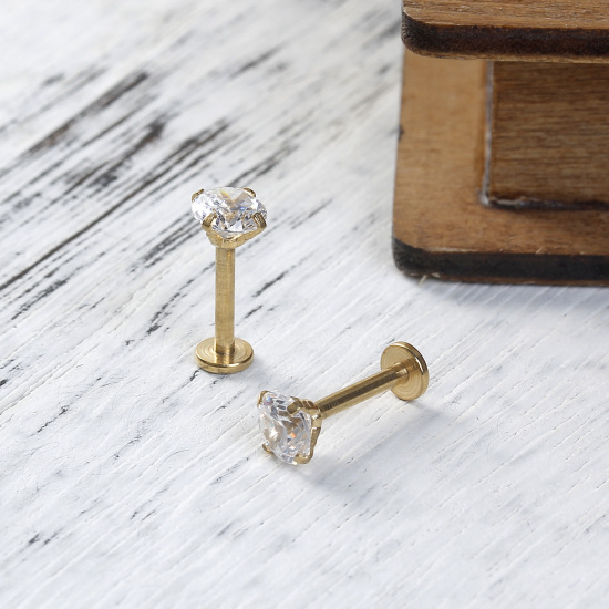 Image de Boucles d'Oreilles Puces en Acier Inoxydable Doré Rond à Strass Transparent 11mm x 3mm , Epaisseur de Fil: 1.4mm, 1 Pièce