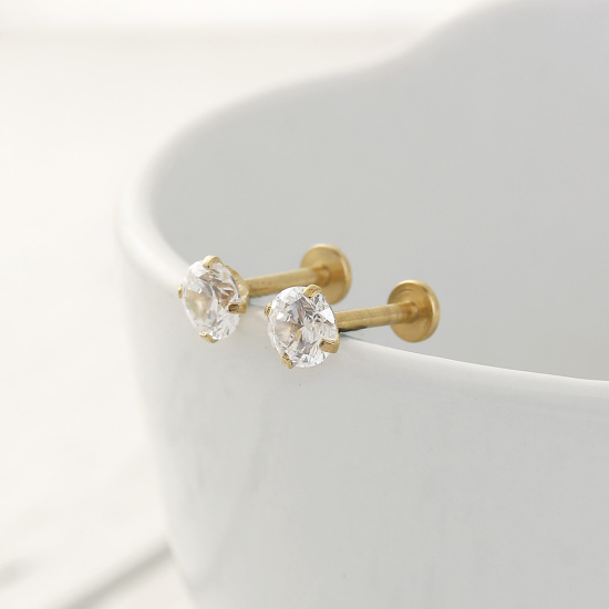 Picture of Stainless Steel Ear Post Stud Earrings Gold Plated Round Clear Rhinestone 11mm x 5mm, Post/ Wire Size: 1.4mm, 1 Piece