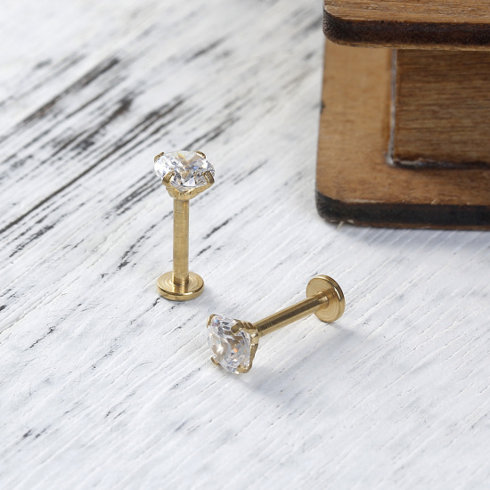 Picture of Stainless Steel Ear Post Stud Earrings Gold Plated Round Clear Rhinestone 11mm x 5mm, Post/ Wire Size: 1.4mm, 1 Piece