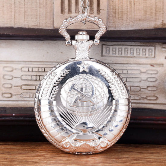 Bild von Taschenuhr Uhr (inkl. Batterie) Retro Rund Silberfarbe Emblem der Kommunistischen Partei Muster 80cm lang, 1 Stück