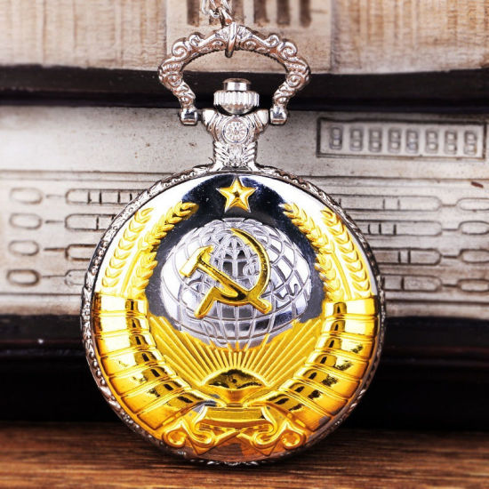 Picture of Retro Pocket Watches Round Communist Party Emblem Silver Tone Battery Included 80cm long, 1 Piece
