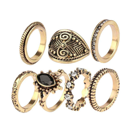 Bild von Ring Bronzefarbe Raute Geschnitzte Muster Schwarz & Transparent Strass 16.9mm（US Größe:6.5) - 14.3mm（US Größe:3.25), 1 Set ( 7 Stück/Set)