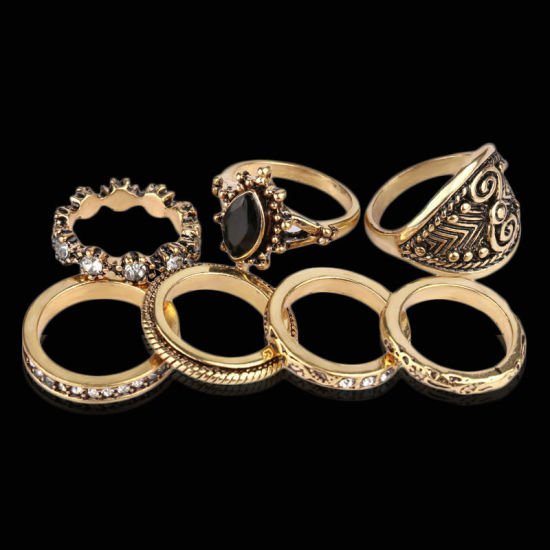 Bild von Ring Bronzefarbe Raute Geschnitzte Muster Schwarz & Transparent Strass 16.9mm（US Größe:6.5) - 14.3mm（US Größe:3.25), 1 Set ( 7 Stück/Set)