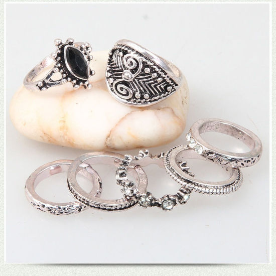 Bild von Ring Bronzefarbe Raute Geschnitzte Muster Schwarz & Transparent Strass 16.9mm（US Größe:6.5) - 14.3mm（US Größe:3.25), 1 Set ( 7 Stück/Set)