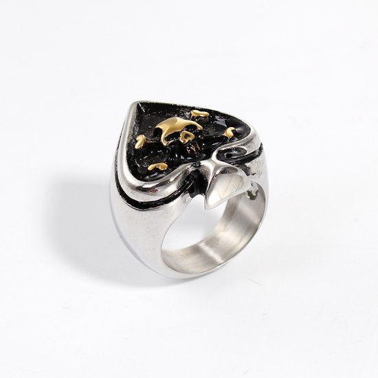 Bild von Titan Edelstahl Uneinstellbar Ring Vergoldet & Silberfarbe Schwarz Herz Skelett Schädel 20.7mm（US Größe:11), 1 Stück