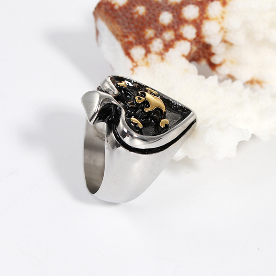 Bild von Titan Edelstahl Uneinstellbar Ring Vergoldet & Silberfarbe Schwarz Herz Skelett Schädel 20.7mm（US Größe:11), 1 Stück
