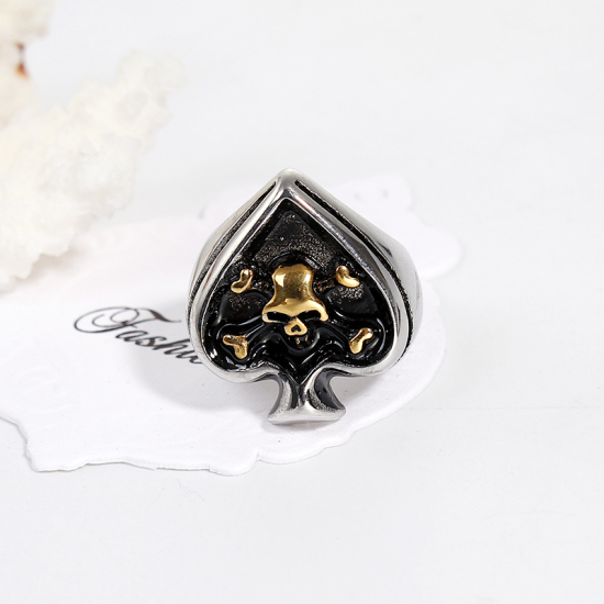 Bild von Titan Edelstahl Uneinstellbar Ring Vergoldet & Silberfarbe Schwarz Herz Skelett Schädel 20.7mm（US Größe:11), 1 Stück