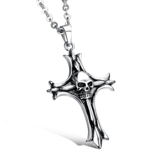 Immagine di Acciaio al titanio Collana Argento Antico Croce Cranio 50cm Lunghezza, 1 Pz