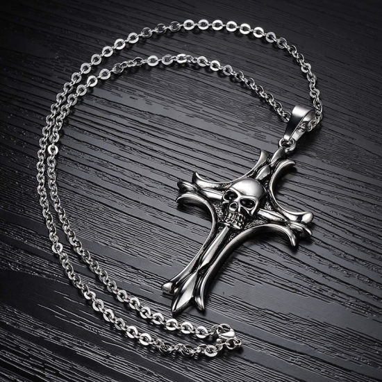 Immagine di Acciaio al titanio Collana Argento Antico Croce Cranio 50cm Lunghezza, 1 Pz