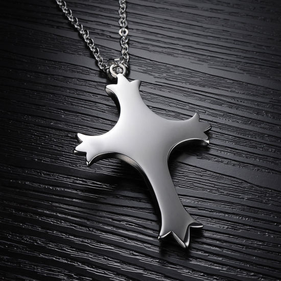 Immagine di Acciaio al titanio Collana Argento Antico Croce Cranio 50cm Lunghezza, 1 Pz