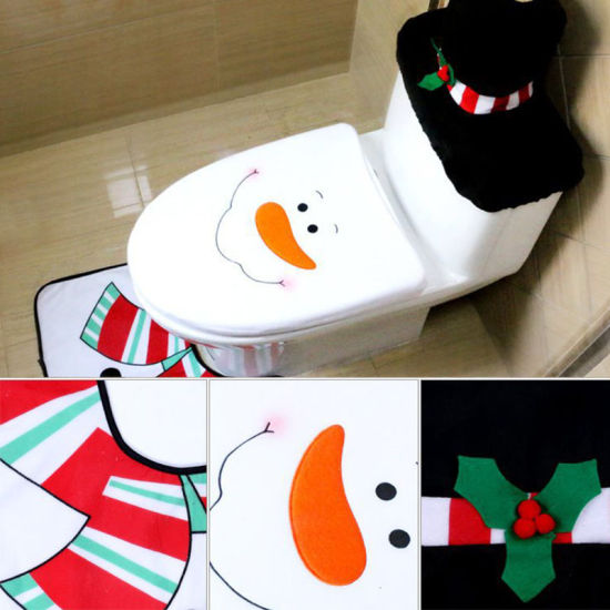 Image de Housse de Siège de Toilette en Chiffon Bonhomme de Neige de Noël Noir & Blanc 43cm x 35.5cm 57.5cm x 55cm 38cm x 20cm, 1 Kit