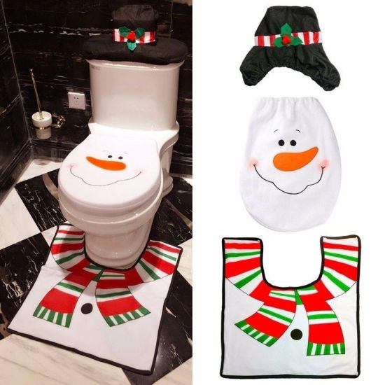 Picture of Nonwovens Toilet Seat Cover Christmas Snowman Black & White 43cmx35.5cm(16 7/8"x14") 57.5cmx55cm(22 5/8"x21 5/8") 38cmx20cm(15"x7 7/8"), 1 Set