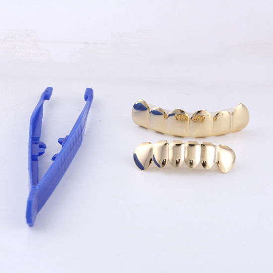 Picture of Copper Hip Hop Teeth Grillz Set Top Bottom Mouth Teeth Grills Fashion Removable Dental Golden 4.8cm x1.3cm(1 7/8" x 4/8")  4cm x1.1cm(1 5/8" x 3/8"), 1 Set