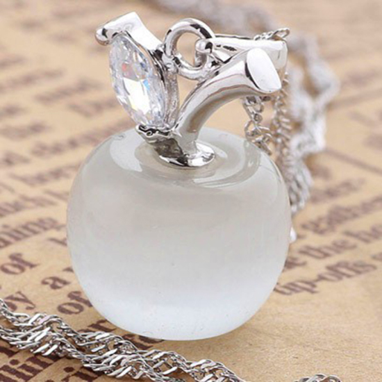 Picture of Sterling Silver Sweater Necklace Long Silver Plated Transparent Clear Apple Fruit 46cm(18 1/8") long, 1 Piece