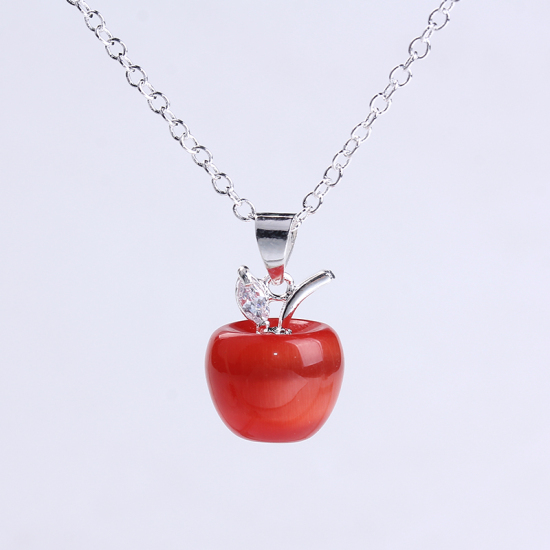 Изображение Чистое Серебро Ожерелья Позолоченный Красный Яблоко Прозрачный Горный Хрусталь Цимофана Имитация 45.5см длина, 1 ШТ