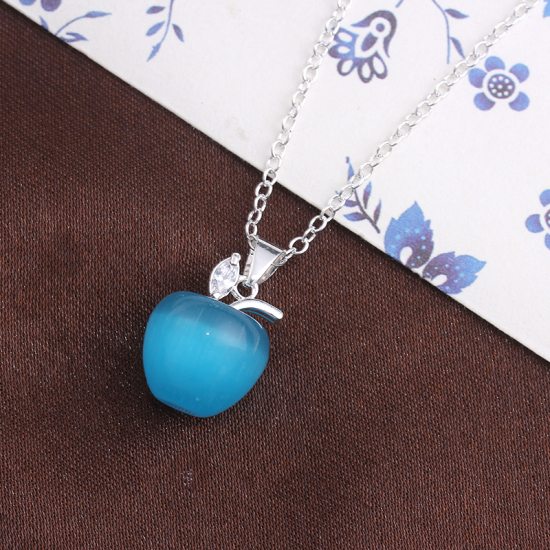 Picture of Sterling Silver Necklace Silver Plated Blue Apple Fruit Clear Rhinestone Cat's Eye Imitation 45.5cm(17 7/8") long, 1 Piece