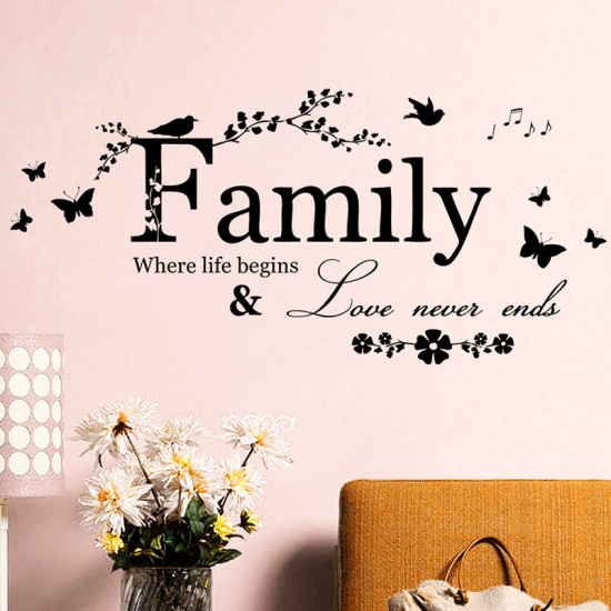 Bild von PVC Wohnkultur Wandabziehbild Aufkleber Blätter Schwarz Schmetterling Message " FAMILY " 60cm x 19cm, 1 Stück