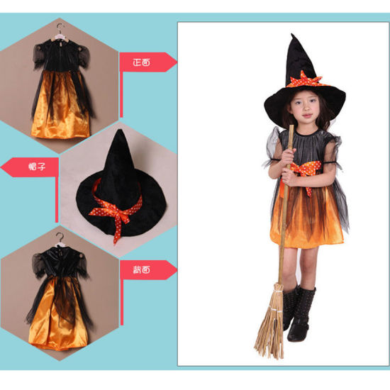 Изображение Органза дети Платье Оранжевый Хэллоуин Ведьма 1 Комплект