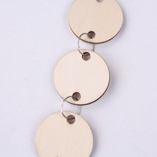 Picture of Wood Hanging Decoration Round Silver Tone Natural 30mm(1 1/8") Dia., 1 Packet(50 Connectors & 50 Rings)