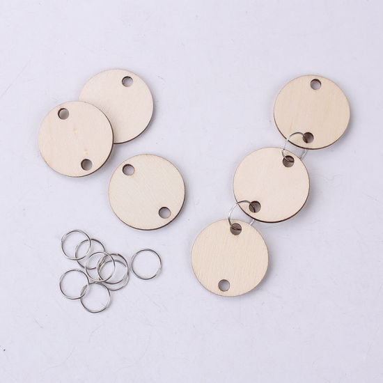 Picture of Wood Hanging Decoration Round Silver Tone Natural 30mm(1 1/8") Dia., 1 Packet(50 Connectors & 50 Rings)