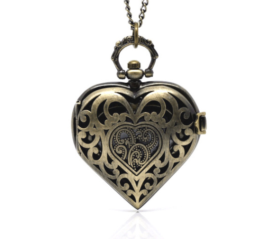 Picture of Pocket Watches Heart Antique Bronze Filigree Pattern Battery Included 87cm(34 2/8") long, 1 Piece