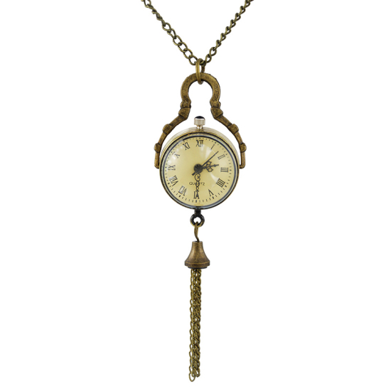 Picture of Stainless Steel Pocket Watches Round Antique Bronze Tassel Pattern Battery Included 88cm(34 5/8") long, 1 Piece