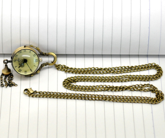 Изображение Часы Карманные Античная Бронза Круглые с Узором “ кисточка ” Включенная Батарея , 88см длина, 1 ШТ
