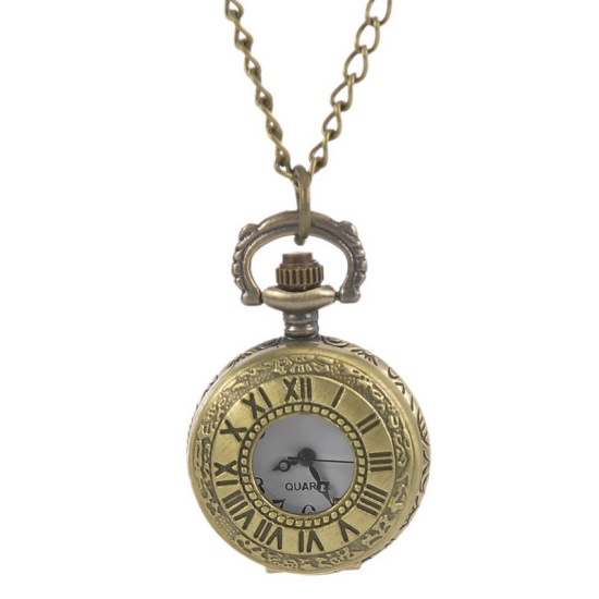 Bild von Taschenuhr Uhr (inkl. Batterie) Rund Bronzefarbe Römische Zahlen Muster 86cm lang, 1 Stück