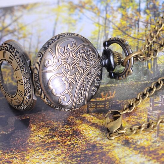 Bild von Taschenuhr Uhr (inkl. Batterie) Rund Bronzefarbe Römische Zahlen Muster 86cm lang, 1 Stück