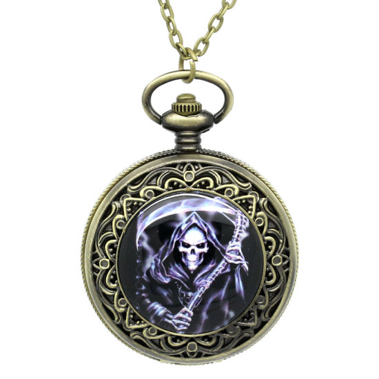 Picture of Pocket Watches Round Antique Bronze Skull Pattern Battery Included 75.5cm(29 6/8") long, 1 Piece