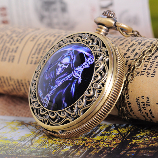 Picture of Pocket Watches Round Antique Bronze Skull Pattern Battery Included 75.5cm(29 6/8") long, 1 Piece