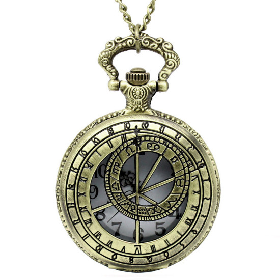 Изображение Часы Карманные Античная Бронза Круглые с узором “ Знак Зодиака ” Включенная Батарея , 81.5см длина, 1 ШТ