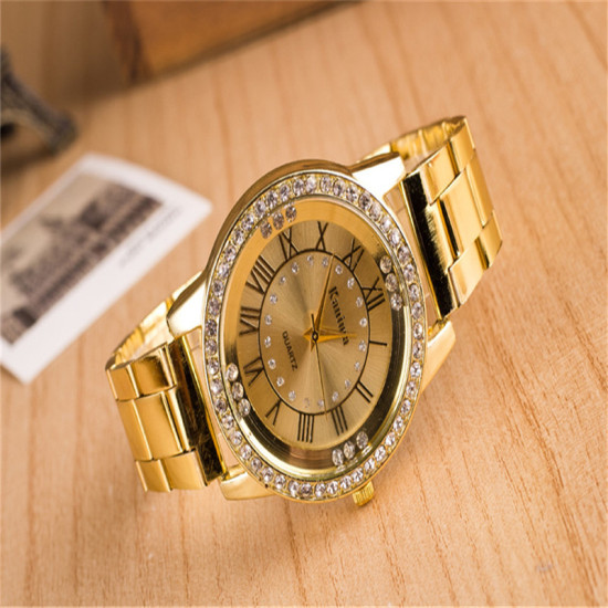 Bild von Edelstahl Quarz Armbanduhr Uhr Vergoldet Römische Zahlen Transparent Strass (inkl. Batterie) 22.5cm lang, 1 Stück