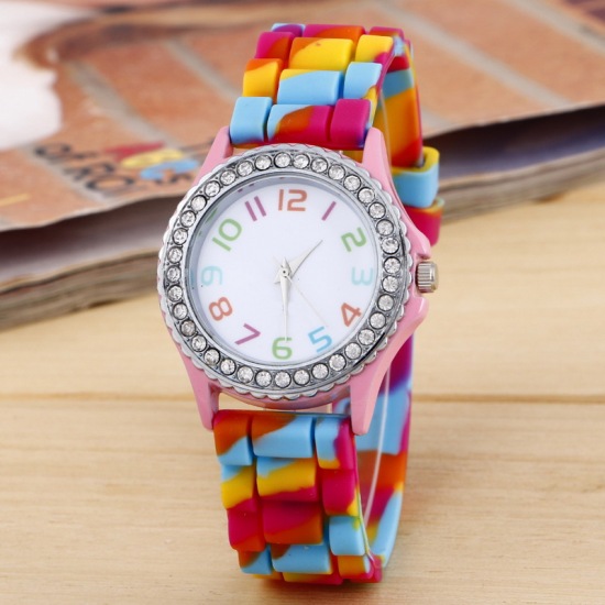 Picture of Silicone Camouflage Cartoon Children Kid Quartz Wrist Watches Pink Battery Included 24.5cm(9 5/8") long, 1 Piece