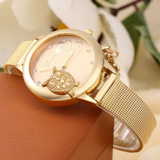 Picture of Steel Quartz Wrist Watches Owl Animal Gold Plated Clear Rhinestone Battery Included 22.5cm(8 7/8") long, 1 Piece