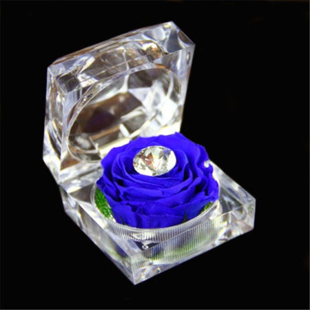 Bild von Acryl-Schmuck-Geschenk-Ring-Box, quadratisch, blau, ewige Rose, Blume, 5 cm x 5 cm x 5 cm, 1 Stück