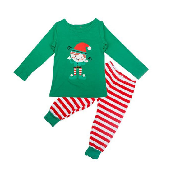 Bild von 1 Set Polyester-Baumwolle-Mischung Weihnachten Familie Nachtwäsche Schlafanzug Set Grün Wichtelmännchen Streifen Für Kinder 100cm