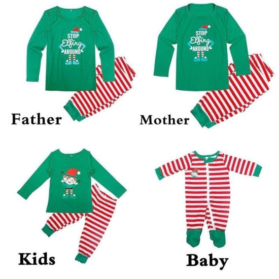 Bild von 1 Set Polyester-Baumwolle-Mischung Weihnachten Familie Nachtwäsche Schlafanzug Set Grün Wichtelmännchen Streifen Für Kinder 100cm