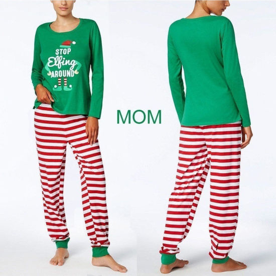 Bild von 1 Set Polyester-Baumwolle-Mischung Weihnachten Familie Nachtwäsche Schlafanzug Set Grün Wichtelmännchen Streifen Für Kinder 100cm