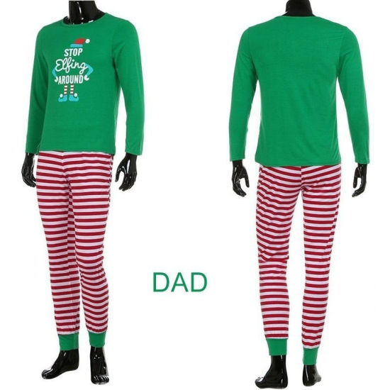 Bild von 1 Set Polyester-Baumwolle-Mischung Weihnachten Familie Nachtwäsche Schlafanzug Set Grün Wichtelmännchen Streifen Für Kinder 100cm