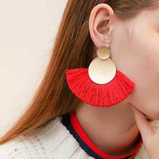 Picture of Polyester Tassel Earrings Gold Plated Coffee Fan-shaped Round 1 Pair