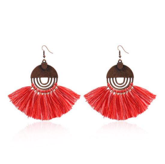 Picture of Polyester Tassel Earrings Antique Copper Red Fan-shaped Round 80mm x 30mm, 1 Pair