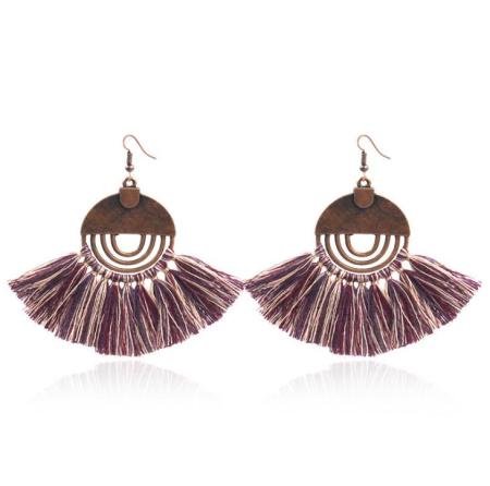 Picture of Polyester Tassel Earrings Antique Copper Coffee Fan-shaped Round 80mm x 30mm, 1 Pair
